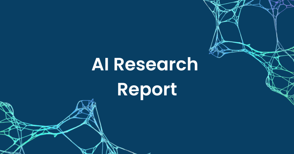 Image showing text "AI Research Report" with a navy blue background and aqua web graphics in the corner