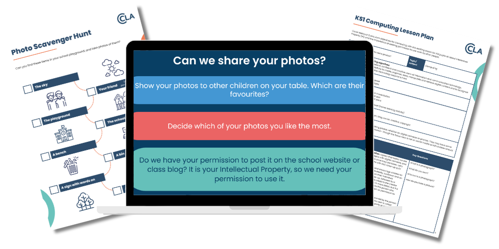 Computing KS1 Resource Pack showing a laptop with a screenshot of the presentation and two pieces of paper either side showing the activity sheet and the lesson plan