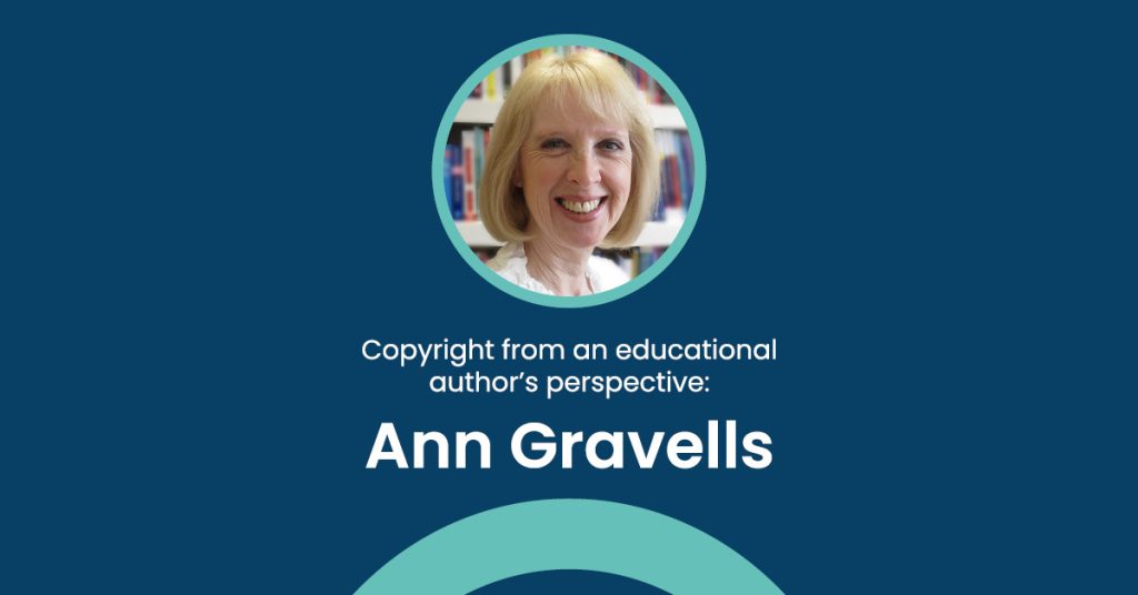 Photo of Ann Gravells on a navy background with the text "Copyright from an educational author’s perspective: Ann Gravells"