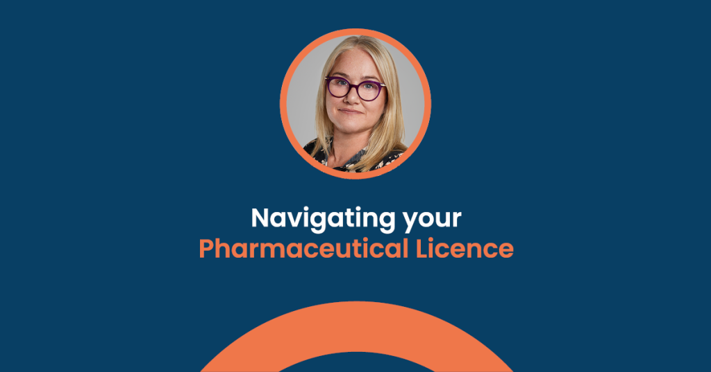Image of Sarah Johnson with the text "Navigating your Pharmaceutical Licence"