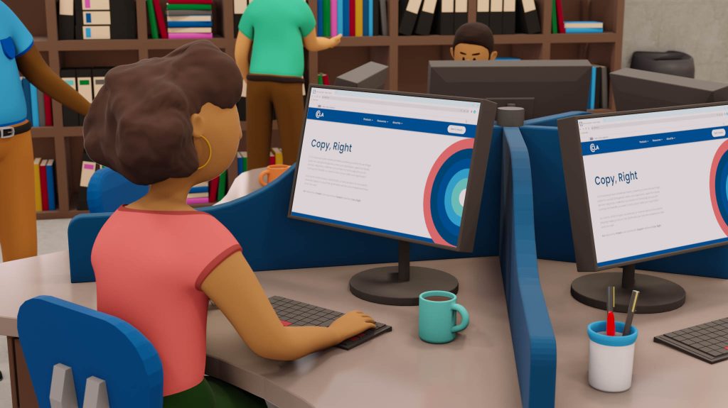 Screenshot from Copyright in the Workplace course by CLA. Female employee looking at Copy, Right screen.