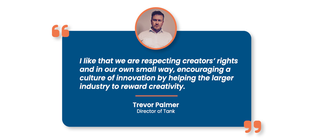 Image with a navy background with a photo of Trevor Palmer and his quote "I like that we are respecting creators' rights and in our own small way, encouraging a culture of innovation by helping the larger industry to reward creativity"