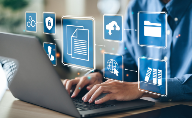 Photo of hands at a laptop with icons representing digital copying actions