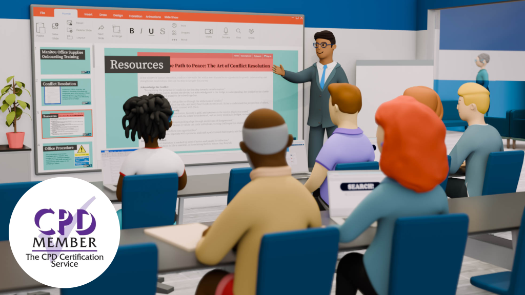 Generative AI training session featuring animated classroom scene with diverse learners, instructor presenting conflict resolution resources, and CPD Certification Service logo