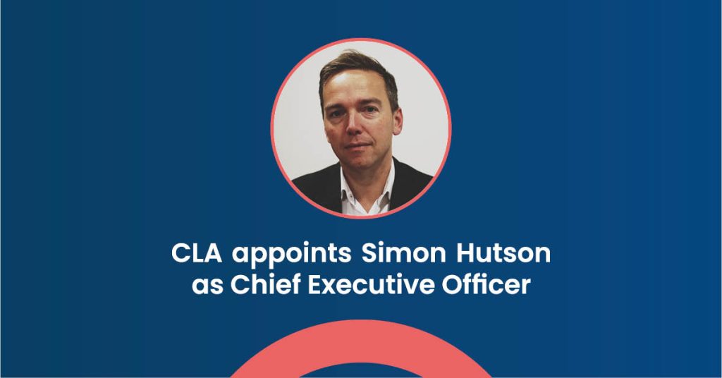 Text "CLA appoints Simon Hutson as new CEO" with photo of Simon